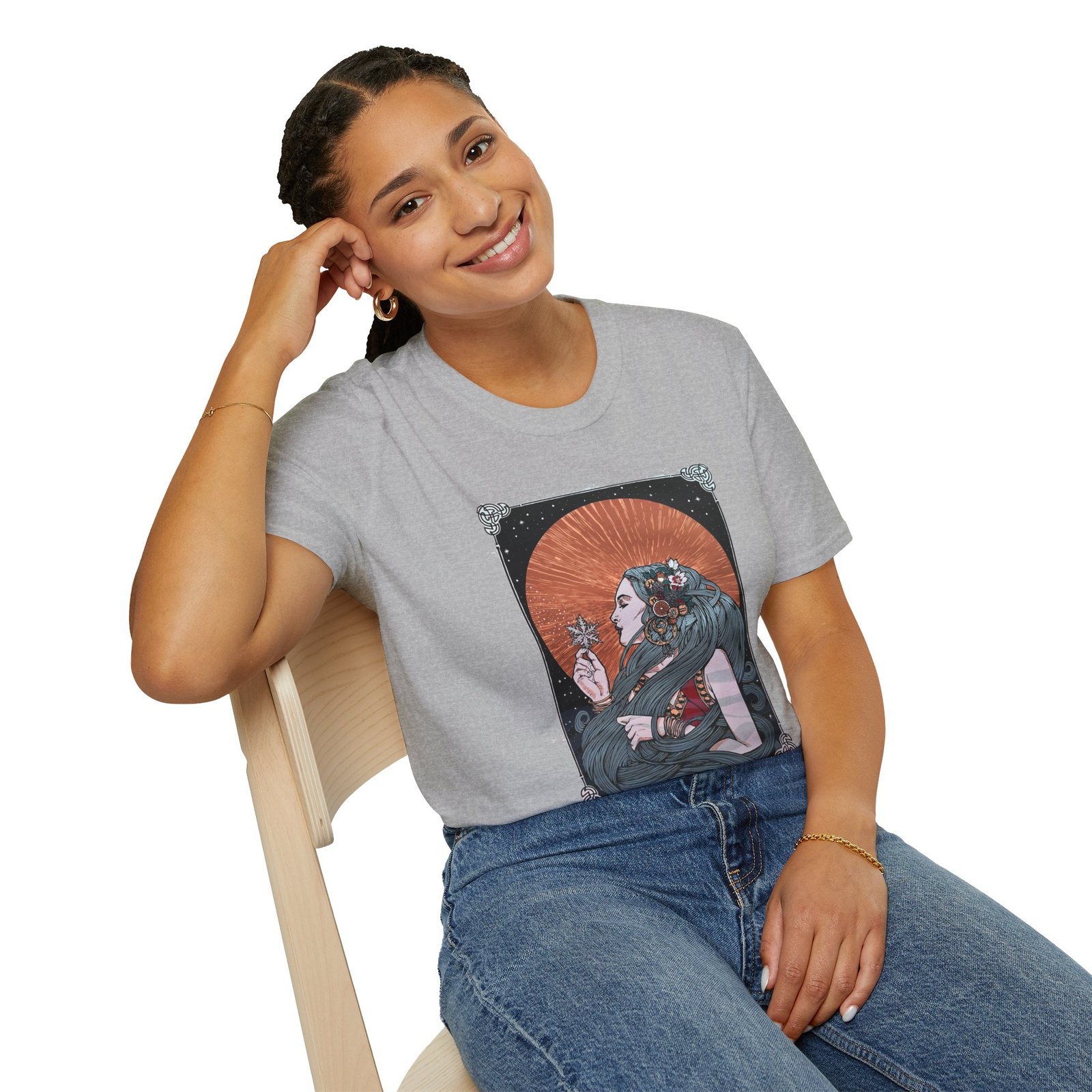 Bohemian Floral Goddess T-Shirt, Unisex Graphic Tee, Softstyle Shirt, Vintage Art Tee, Gift for Art Lovers, Casual Wear, Festival Attire - Image 10