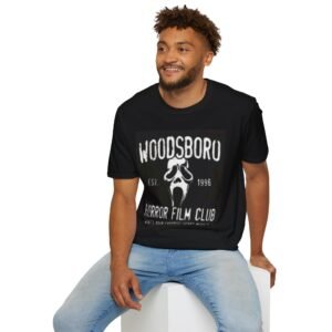 Woodsboro Horror Film Club T-Shirt, Unisex Tee, Horror Movie Gift, Scary Movie Lover Shirt, Halloween Costume Top, Film Buff Apparel
