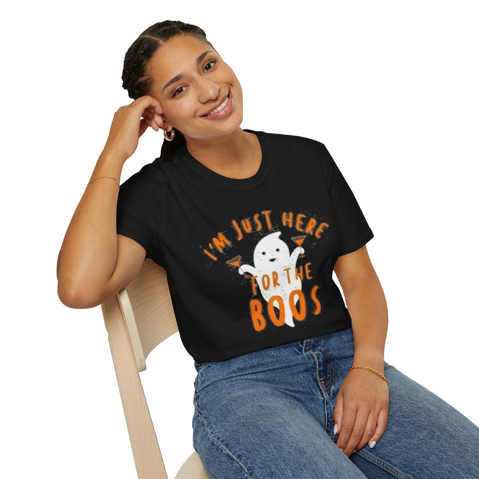 Halloween Ghost T-Shirt | I'm Just Here for the Boos | Unisex Softstyle Tee, Spooky Shirt, Halloween Costume, Fall Apparel, Ghost Lover Gift