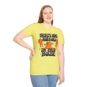 Horror-Themed Unisex Softstyle T-Shirt, Funny Halloween Tee, Casual Wear, Gift for Horror Lovers, Spooky House Shirt, Party Outfit